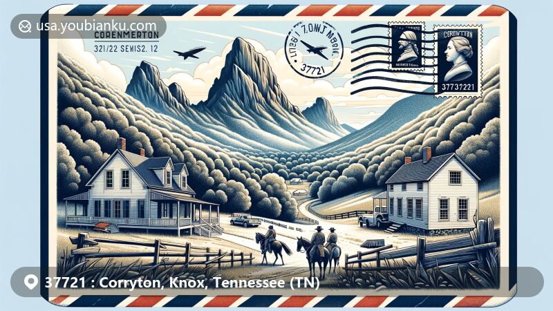 Modern illustration of Corryton, Knox County, Tennessee, with House Mountain and Clinch Mountain in the background, highlighting Nicholas Gibbs Homestead. Set within an airmail envelope, showcasing ZIP code 37721, stamps, and postmarks.