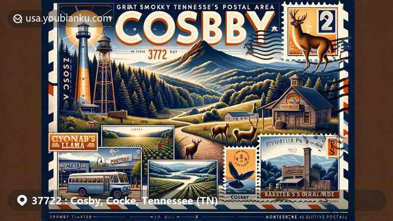 Modern illustration of Cosby, Tennessee, showcasing 37722 postal area with Great Smoky Mountains, wildlife, Mt. Cammerer, Foothills Parkway East, moonshine distillery, Baxter's Orchard, vintage stamp, postmark, and postal charm.