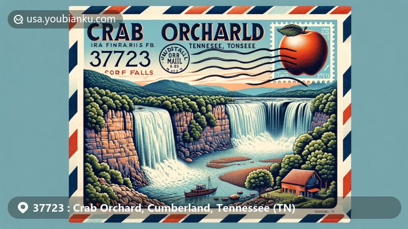 Modern illustration depicting Crab Orchard, Tennessee, with ZIP code 37723, featuring iconic Ozone Falls, Crab Orchard stone, and Crab Orchard Mountains against a postal-themed design.