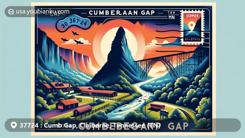 Modern illustration of Cumberland Gap region in Claiborne County, Tennessee, with ZIP code 37724, featuring iconic Cumberland Gap silhouette, natural landscapes of Cumberland Gap National Historical Park including Gap Cave and Tri-State Peak, designed in a decorative postage stamp style.