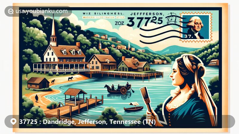 Modern illustration of Dandridge, Jefferson, Tennessee, showcasing postal theme with ZIP code 37725, featuring Douglas Lake, historic Shepard’s Inn, and Martha Washington, honoring the town's history and natural beauty.