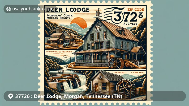Modern illustration of Deer Lodge, Morgan County, Tennessee, featuring ZIP code 37726, showcasing natural beauty and historical landmarks like Victorian-style house, grist mill, and saw mill.