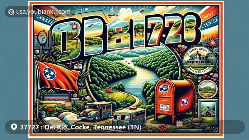 Modern illustration of Del Rio, Tennessee, emphasizing ZIP code 37727 with scenic Eastern Tennessee backdrop, postal-themed frame with red post office mailbox and vintage postal truck, featuring state symbols and Cocke County map.