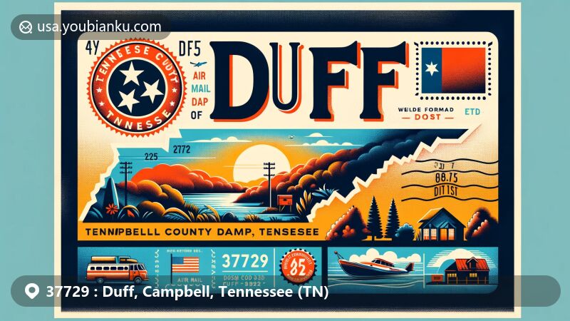 Modern illustration of Duff, Campbell County, Tennessee, highlighting ZIP code 37729, featuring state and county symbols with iconic landmarks and scenic elements.