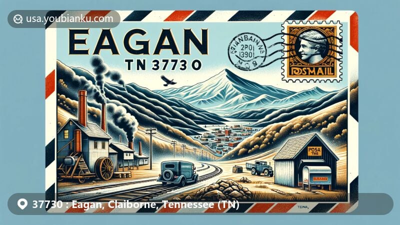 Modern illustration of Eagan, Tennessee, featuring Cumberland Mountains, coal mining town elements, and airmail envelope design.
