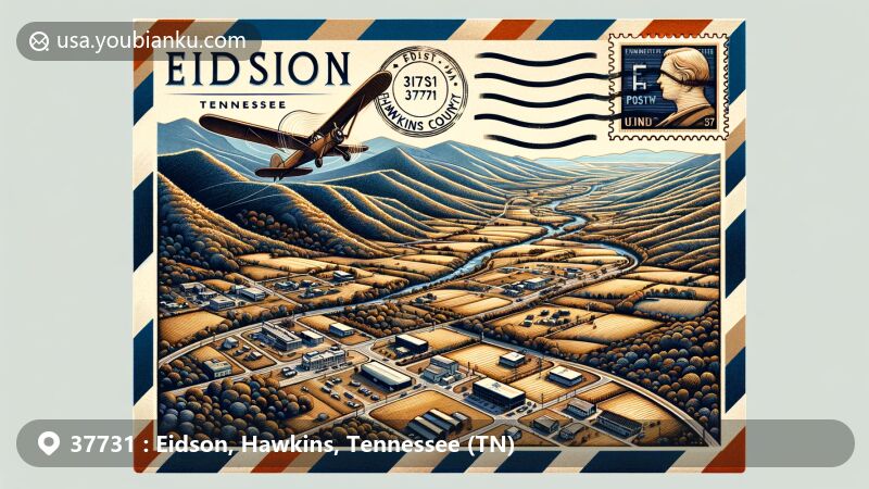 Modern illustration of Eidson, Tennessee, situated on the north side of Clinch Mountain in Hawkins County, blending geographical and postal elements with ZIP Code 37731 and scenic landscape. The artwork showcases the region's charm and postal theme.