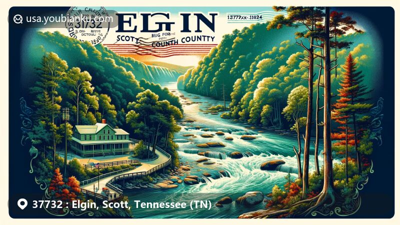Modern illustration of the Elgin area in Scott County, Tennessee, highlighting the scenic Big South Fork of the Cumberland River and diverse local biodiversity, featuring vintage postcard layout with prominent ZIP code 37732.