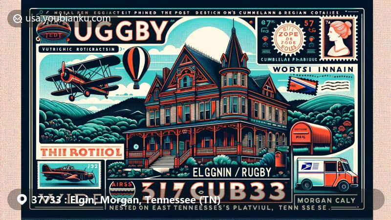 Modern illustration of Elgin/Rugby, Morgan County, Tennessee, showcasing postal theme with ZIP code 37733, featuring Historic Rugby's Victorian architecture and Cumberland Plateau's rugged landscapes.