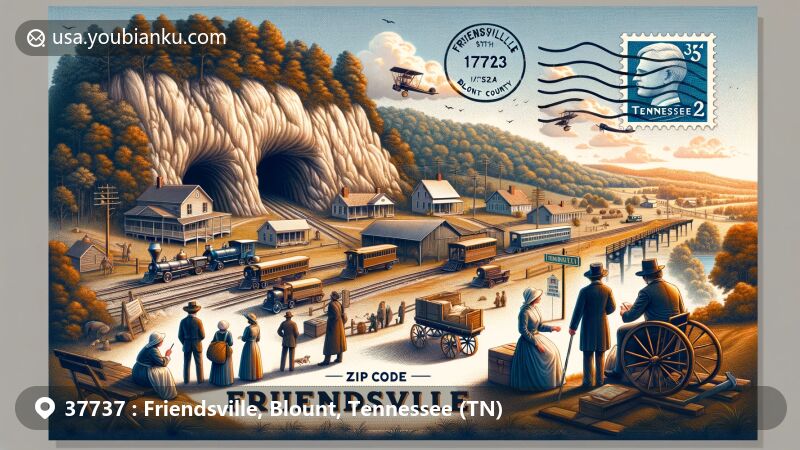 Modern illustration of Friendsville, Blount County, Tennessee, inspired by its role in the Underground Railroad, featuring Quakers, hiding cave, and picturesque surroundings, creatively incorporating ZIP code 37737 and Tennessee state flag.