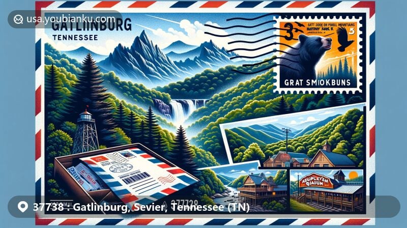 Modern illustration of Gatlinburg, Tennessee, with postal theme and Great Smoky Mountains backdrop, showcasing ZIP code 37738, featuring Ripley's Aquarium and black bear motif.