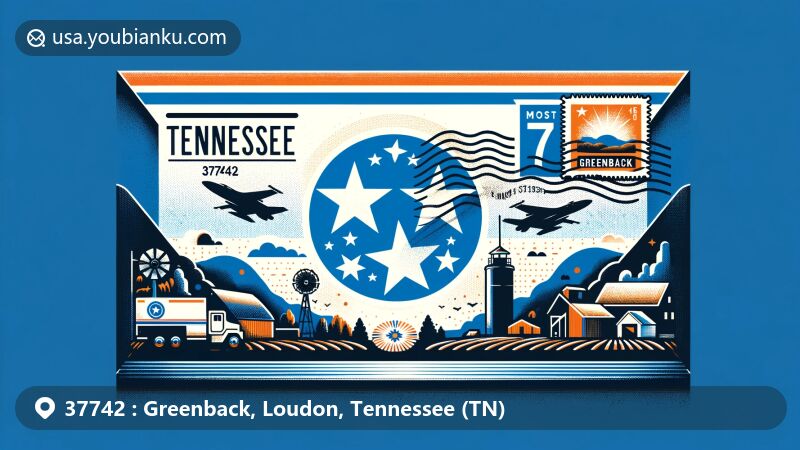 Modern illustration of Greenback, Tennessee, incorporating state flag as a symbol of unity, with mountain silhouette and agricultural landscape representing natural beauty and farming heritage. Postal theme with ZIP code 37742, featuring mailbox or mail truck symbolizing delivery.