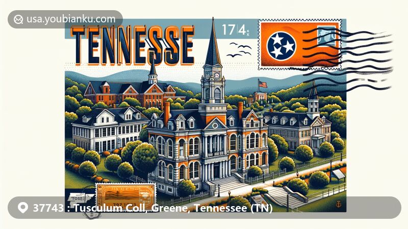 Creative illustration of Tusculum College with elements of Tennessee state flag in postcard format, featuring postal stamps, postmark, and ZIP code 37743.