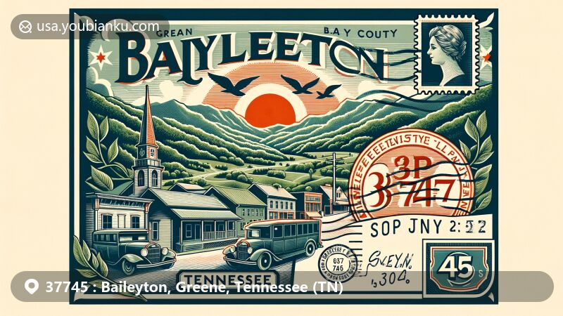 Modern illustration of Baileyton, Greene County, Tennessee, showcasing postal theme with ZIP code 37745, featuring Bays Mountain and Ridge-and-Valley Appalachians.