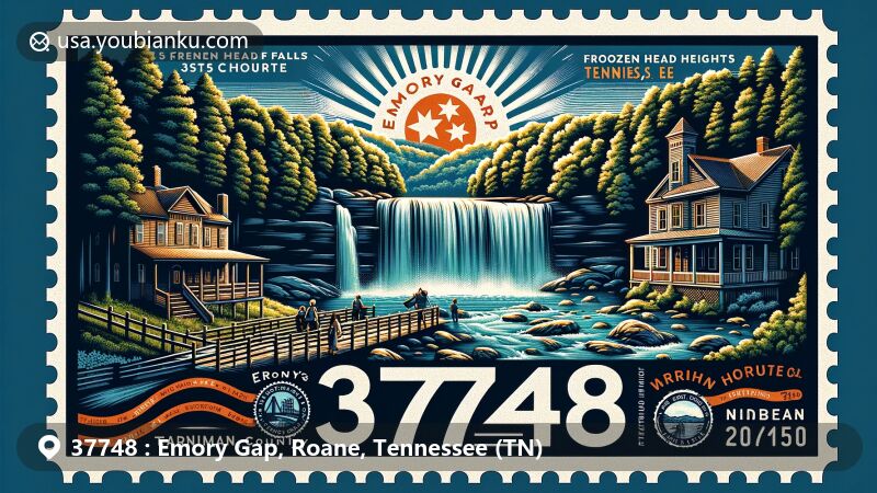 Modern illustration of Emory Gap, Roane County, Tennessee, featuring postal theme with ZIP code 37748, showcasing Emory Gap Falls, forest scenery, and Victorian architecture from Cornstalk Heights Historic District.