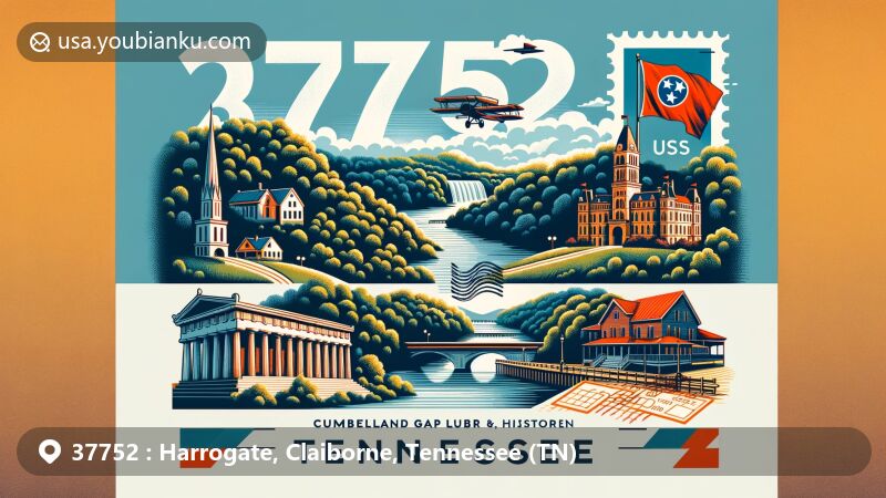 Modern illustration of Harrogate, Claiborne County, Tennessee, showcasing postal theme with ZIP code 37752, featuring Cumberland Gap National Historical Park, Abraham Lincoln Library and Museum, vintage postcard design, Tennessee state flag, and local landmarks.