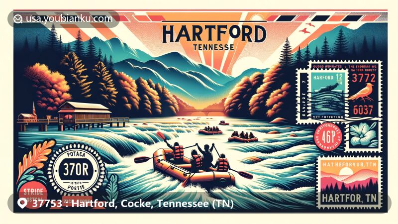 Modern illustration of Hartford, Tennessee, showcasing outdoor adventure spirit with Great Smoky Mountains and Cherokee National Forest silhouettes, white water rafting on Pigeon River, and postal elements with ZIP code 37753.