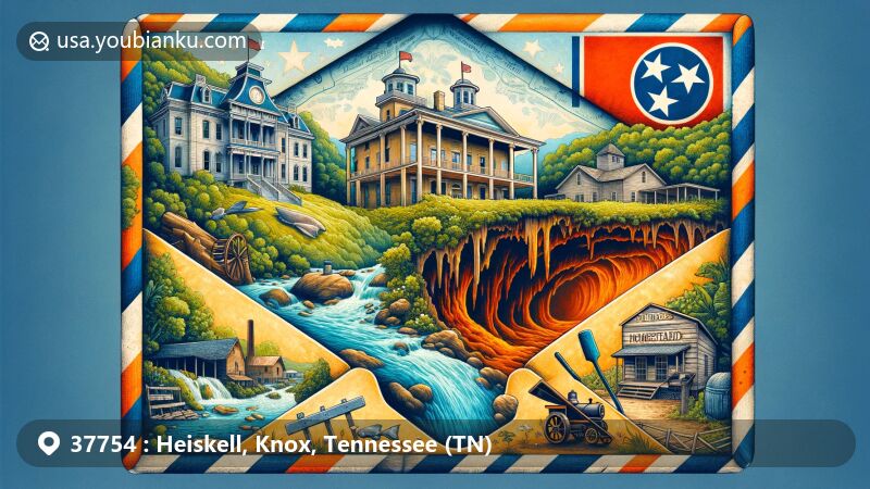 Modern illustration of Heiskell area, Knox County, Tennessee, showcasing postal theme with ZIP code 37754, featuring Tennessee State Flag, Blount Mansion, Nicholas Gibbs Homestead, Cherokee Caverns, and Tennessee River.