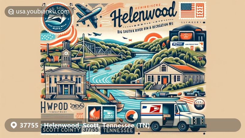 Modern illustration of Helenwood, Scott County, Tennessee, blending natural beauty with postal theme, showcasing Big South Fork National River and Recreation Area and Historic Rugby.