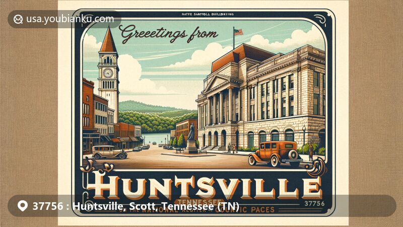 Modern illustration of Huntsville, Scott County, Tennessee (TN), inspired by a postcard design, featuring the Cumberland Plateau, New River, and the Cumberland Mountains. Includes historical architecture like the First National Bank and Old Scott County Jail in beige sandstone, with a tribute to Howard Baker Jr.