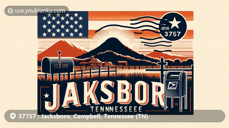 Modern illustration of Jacksboro, Tennessee, featuring Cumberland Mountain and Cross Mountain silhouettes, with Tennessee state flag and postal elements like postmark, ZIP Code 37757, and American mailbox.