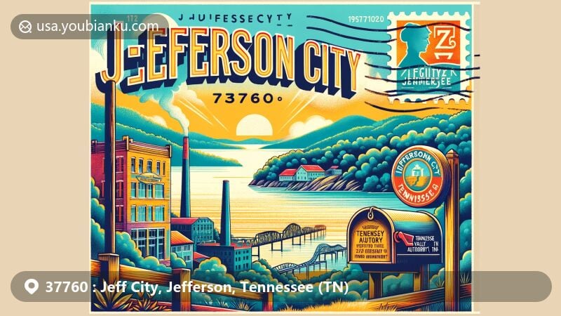 Modern illustration of Jefferson City, Jefferson County, Tennessee, showcasing postal theme with ZIP code 37760, featuring Cherokee Lake and city's industrial history.