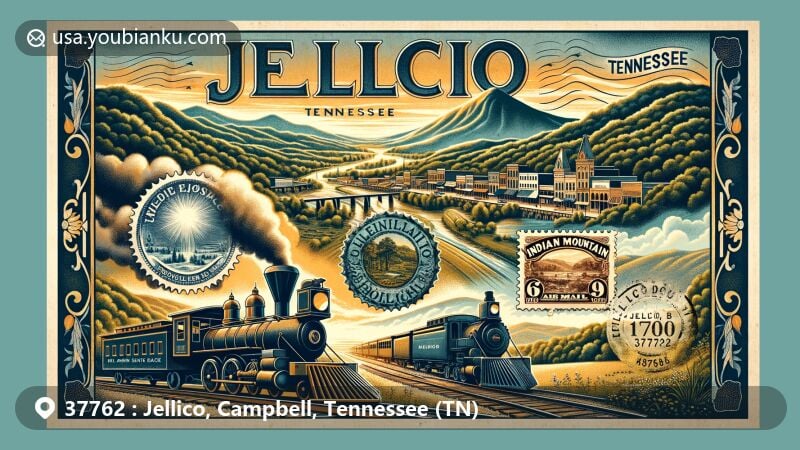 Intricate illustration of Jellico, Campbell, Tennessee (TN), representing ZIP code 37762, blending historical and natural beauty with postal elements, showcasing iconic landmarks and vintage postage designs.