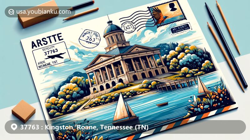 Modern illustration of Watts Bar Lake in Kingston, Tennessee, with antebellum courthouse representing Roane County history, in a postcard or air mail envelope style, featuring ZIP Code 37763.