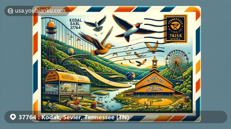 Modern illustration of Kodak, Tennessee, showcasing airmail envelope with ZIP code 37764, featuring Seven Islands State Birding Park, Tennessee Smokies baseball game, Old Tennessee Distilling Company, and elements of Adrenaline Park.