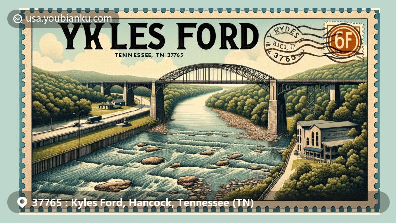 Vintage style illustration of Kyles Ford, Hancock County, Tennessee, reflecting postal theme for ZIP code 37765, showcasing Edward R. Talley bridge, Clinch River biodiversity, and Kyles Ford Wildlife Management Area with rare freshwater mussels.