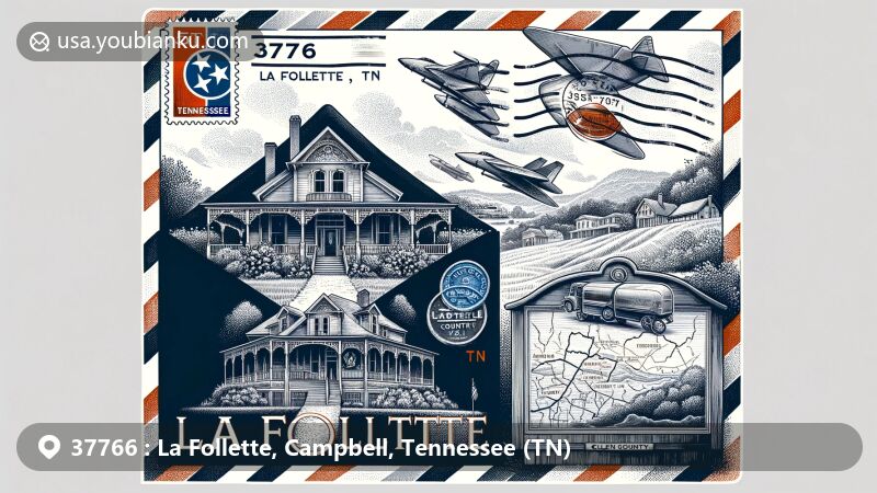 Modern illustration of La Follette, Tennessee, in Campbell County, combining natural beauty and historic architecture with postal elements.