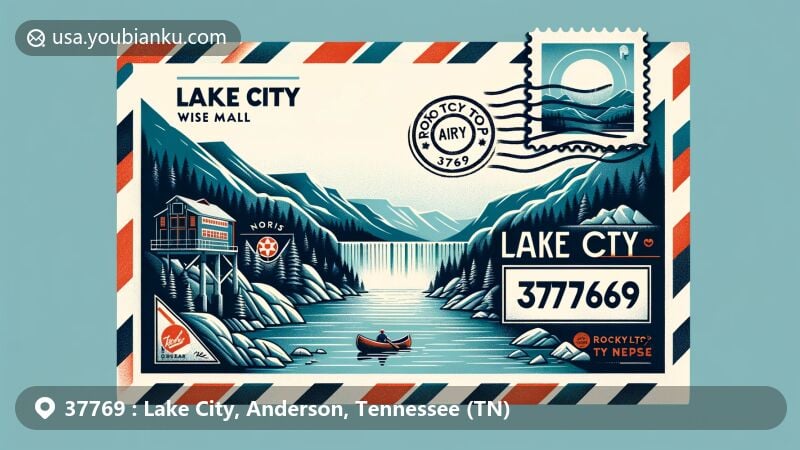 Modern illustration of Lake City, now Rocky Top, Tennessee, showcasing postal theme with ZIP code 37769, featuring Norris Dam, Norris Lake, and cultural landmarks.