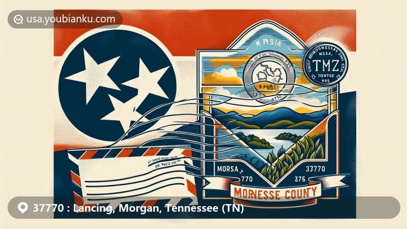 Modern illustration of Morgan County, Tennessee, blending natural beauty with postal theme and ZIP code 37770, set against the backdrop of the Tennessee state flag.