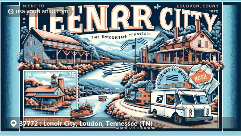 Modern illustration of Lenoir City, Loudon County, Tennessee, highlighting postal theme with ZIP code 37772, showcasing landmarks like Blair's Ferry Storehouse and the Tennessee River.