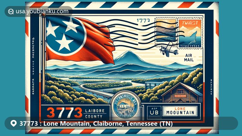 Modern illustration of Lone Mountain, Claiborne County, Tennessee, in postal-themed artwork for ZIP code 37773, featuring Tennessee state flag and picturesque depiction of the mountain.