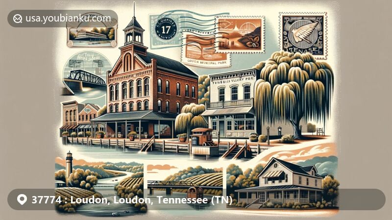 Modern illustration of Loudon, Tennessee, featuring historic Blair's Ferry Storehouse, downtown boutiques, Carmichael Inn, Loudon Municipal Park, Tennessee Valley Winery, and postal theme with ZIP code 37774, incorporating natural beauty and cultural landmarks.