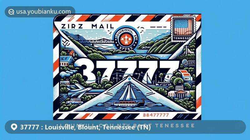Modern illustration of Louisville, Blount County, Tennessee, showcasing air mail envelope with ZIP code 37777, featuring Tennessee River, Fort Loudoun Lake, state flag of Tennessee.