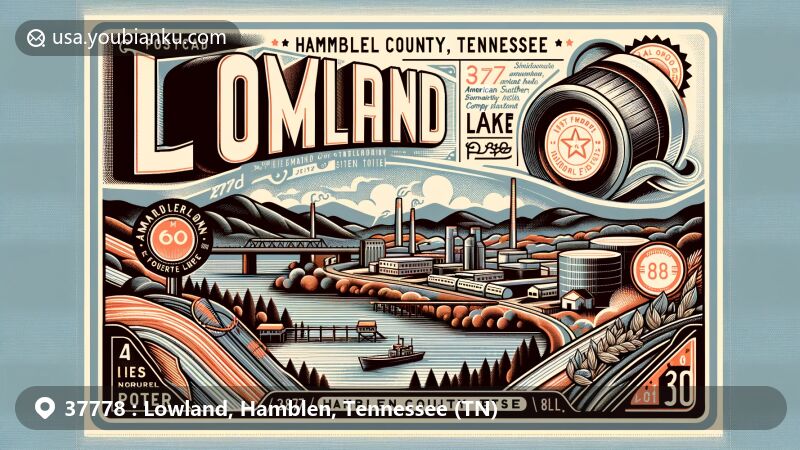 Modern illustration of Lowland, Hamblen County, Tennessee, with references to ZIP code 37778, highlighting proximity to key transportation routes and synthetic fiber plants.