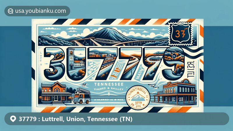 Modern illustration of Luttrell, Union County, Tennessee, highlighting iconic road intersection of State Routes 131 and 61, with Appalachian Ridge-and-Valley landscape featuring Clinch Mountain and Copper Ridge, embodying town's geographical and historical significance.