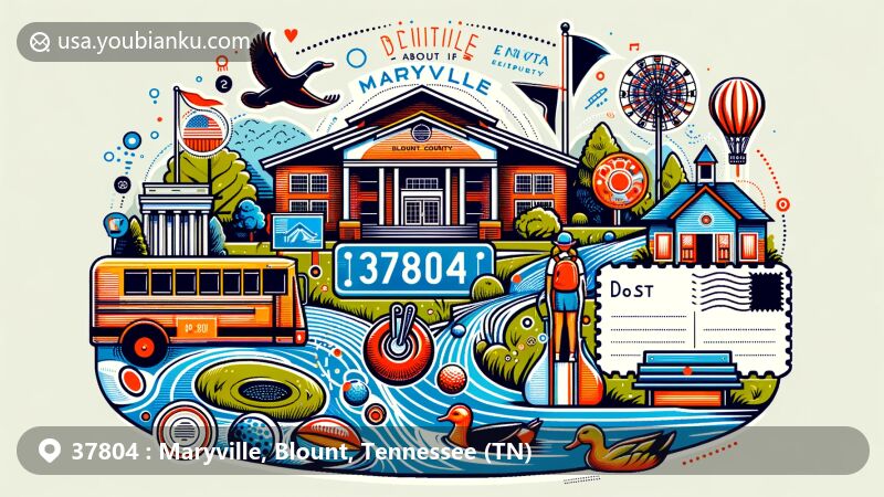Modern illustration of Maryville, Blount County, Tennessee, featuring educational and recreational elements, with a disc golf course, duck pond, school symbols, and postal themes for ZIP code 37804.