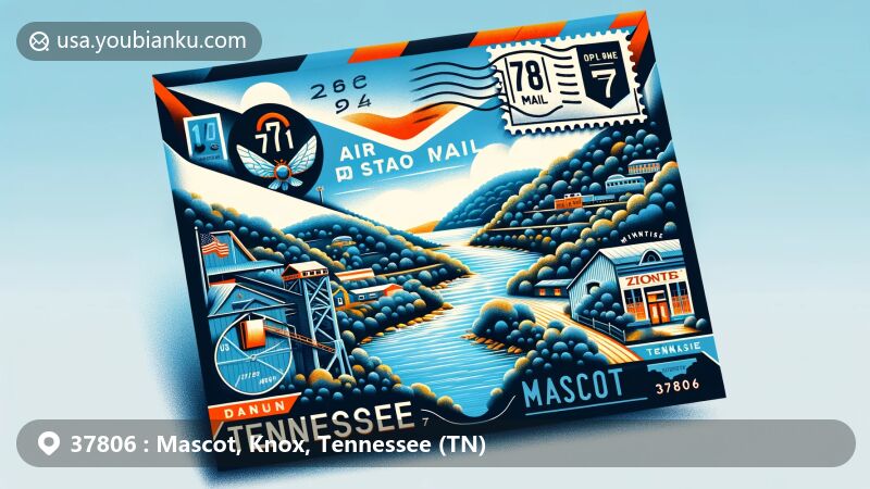 Modern illustration of Mascot, Tennessee, ZIP code 37806, featuring a creative postal theme with air mail envelope, showcasing Holston River, zinc mine entrance, and Tennessee state flag.