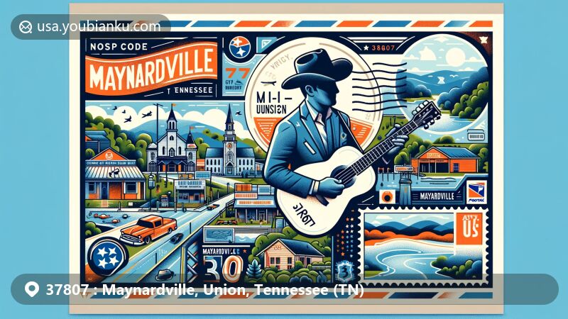Modern illustration of Maynardville, Union, Tennessee, representing ZIP code 37807, featuring state flag, landmarks, and nods to country music history, including Roy Acuff. Design incorporates Maynardville Highway stamp and nods to moonshine and Norris Lake.