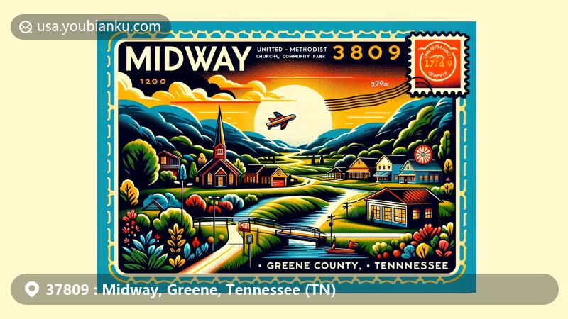 Modern illustration of Midway, Greene County, Tennessee, highlighting natural beauty, community spirit, and postal elements with ZIP code 37809. Featuring rolling hills, mild seasons, and historical pride since 1790. Includes Midway United Methodist Community Park and postal details like stamps, '2024' postmark, and prominent '37809' code. Warm and charming style ideal for emphasizing area allure and postal heritage on websites, conveying Midway's hospitality without overcrowding. Text includes 'Midway, TN 37809', 'Greene County', and 'United States'.