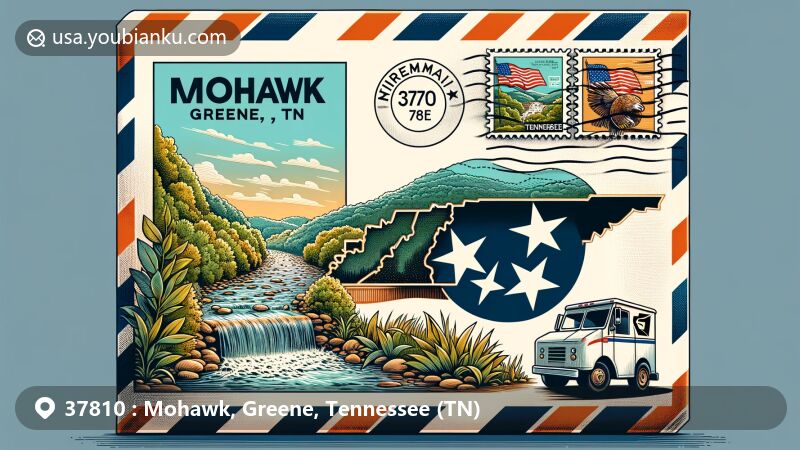 Intricate depiction of Mohawk, Greene County, Tennessee (TN), featuring airmail envelope design with Tennessee state flag backdrop, Greene County outline, and local natural beauty; showcasing American mail and postal elements.
