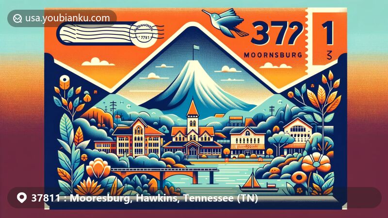 Modern illustration of Mooresburg, Hawkins County, Tennessee, embodying a creative postal motif with ZIP code 37811, showcasing the scenic beauty of Mooresburg with Clinch Mountain in the backdrop.