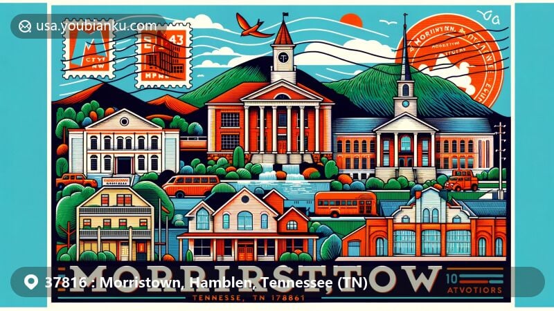 Modern illustration of Morristown, Tennessee, capturing Appalachian Mountains' contours, Crockett Tavern Museum, and city's healthcare and educational landmarks.