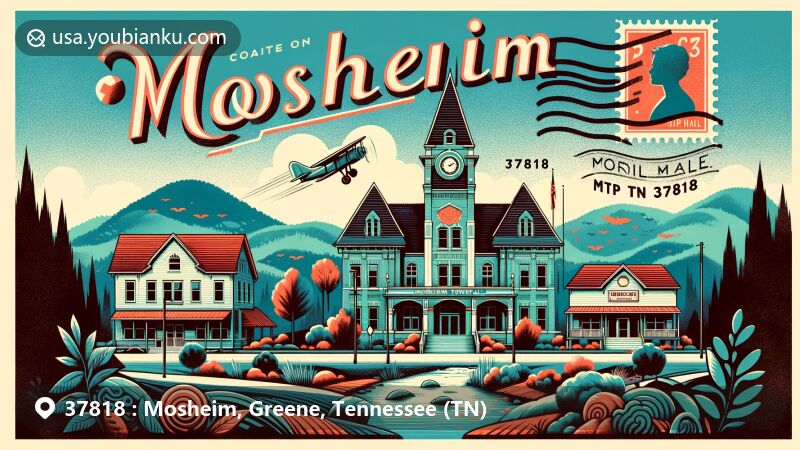 Modern illustration of Mosheim, Tennessee, capturing the essence of town life with postal theme and natural landscapes, including Big Ridge and Little Chucky Creek.