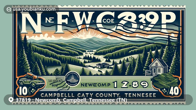Modern illustration of Newcomb, Campbell County, Tennessee, highlighting lush forests, rolling hills, outdoor recreation activities like hiking and fishing. Features vintage postcard format with stamp displaying location within Tennessee, ZIP code 37819, and postal symbols.