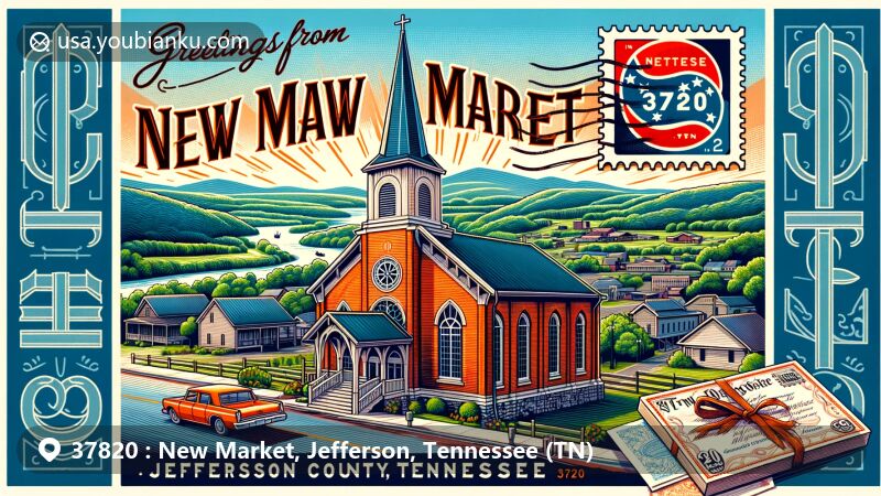 Modern illustration of New Market, Jefferson County, Tennessee, featuring New Market Presbyterian Church against picturesque countryside backdrop with postal elements, including vintage postage stamp and Tennessee state flag.