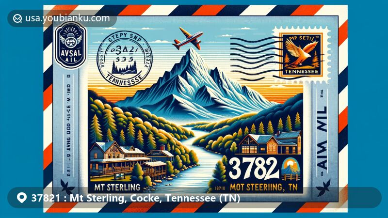 Modern illustration of Mount Sterling, Cocke County, Tennessee, inspired by 37821 ZIP code area, showcasing Snowbird Mountain, Great Smoky Mountains, and vintage postal elements.