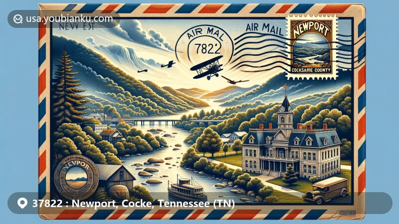 Modern illustration of Newport and Cocke County, Tennessee, featuring the Great Smoky Mountains and French Broad River, with historic Cocke County Courthouse. Vintage-style air mail envelope reveals postal symbols including ZIP code 37822, cancellation mark, and postal delivery vehicle. Stylish text 'Newport, Cocke County, TN' in modern illustration style.